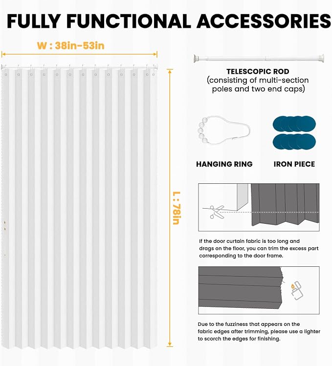AJAZZ Set: Curtain Rods No Drilling (38-53" W Adjustable Range) & Accordion Door Curtain, White 53W×78" L, Accordion Doors for Closet Doorway Room Divider