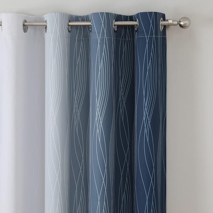 Estelar Textiler Navy Blue and Greyish White Ombre Short Blackout Cafe Curtains 36 Inch Length, Thermal Insulated Grommet Small Half Window Drapes for Kitchen/Basement/RV Camper, 52Wx36L, 2 Panels