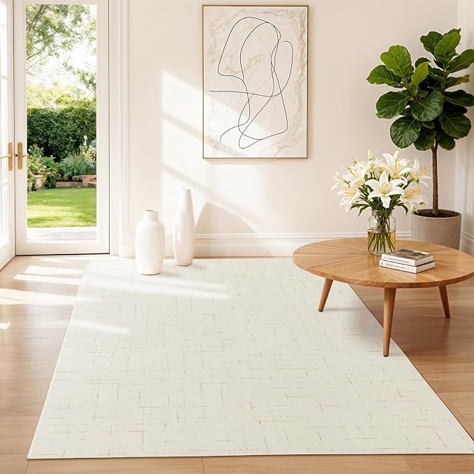 LIANLAM Washable Rug Area Rugs for Living Room - Stain Resistant Non-Slip Backing Boho Rug for Bedroom,Durable & Ultra-Thin Vintage Large Area Rug(4' x 6',White)