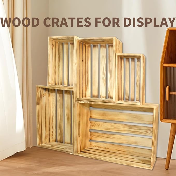 5 Pcs Wooden Crates for Display, Nesting Wood Crate for Storage, 5 Size | Farmhouse Weddings Wooden Basket for Storage Container and Decorations, Rustic Wood Crates for Farmers Market, Birthday, DIY