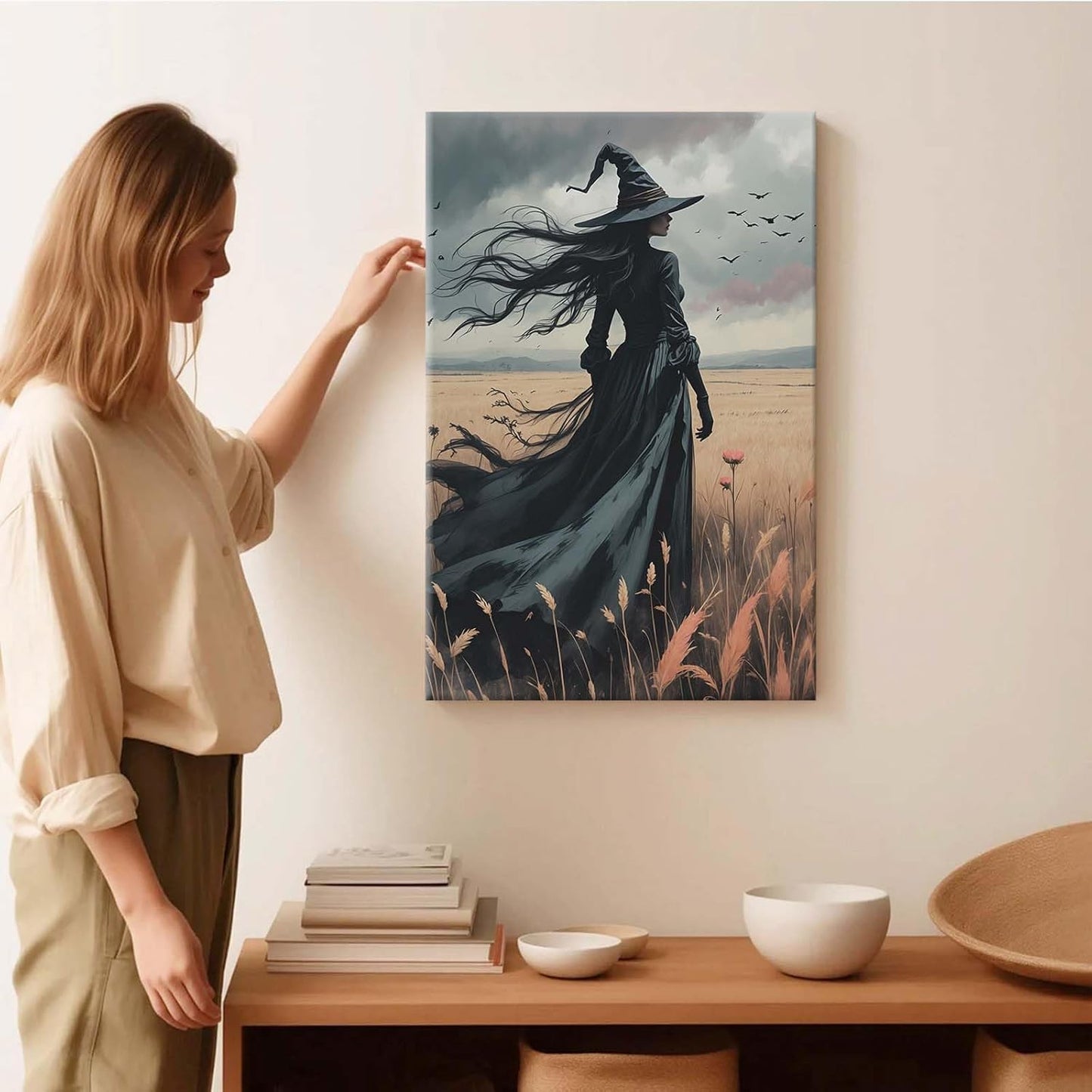 Gothic Decor Canvas Wall Art Witch in Rice Field Halloween Art Decor Print Nature Print Victorian Home Bedroom24x36in Wood Framed