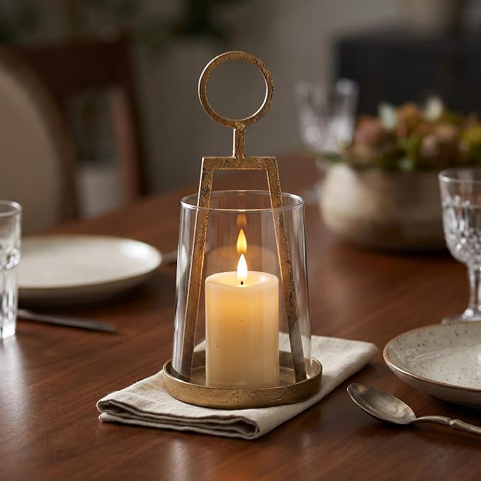 Small Farmhouse Hurricane Candle Holder (4.3" W x 9.2" H), Antique Brass Metal Lantern with Clear Glass Sleeve, Compact Tabletop Decor for Pillar Candles & Small Plants