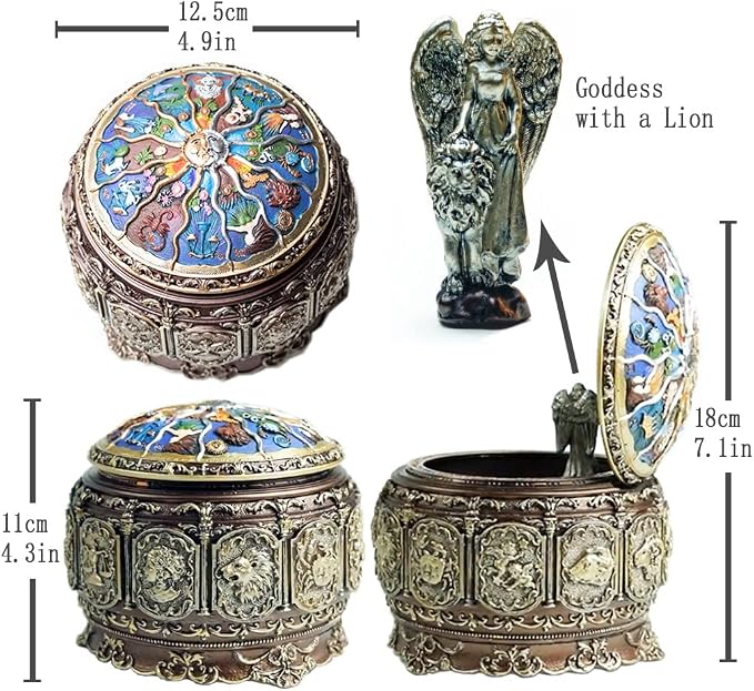 Briskfeel Vintage Music Box with Constellations Rotating Goddess LED Lights Twinkling Resin Carved Mechanism Musical Box with Sankyo 18-Note Wind Up Signs of The Zodiac Gift for Birthday (Upgraded)