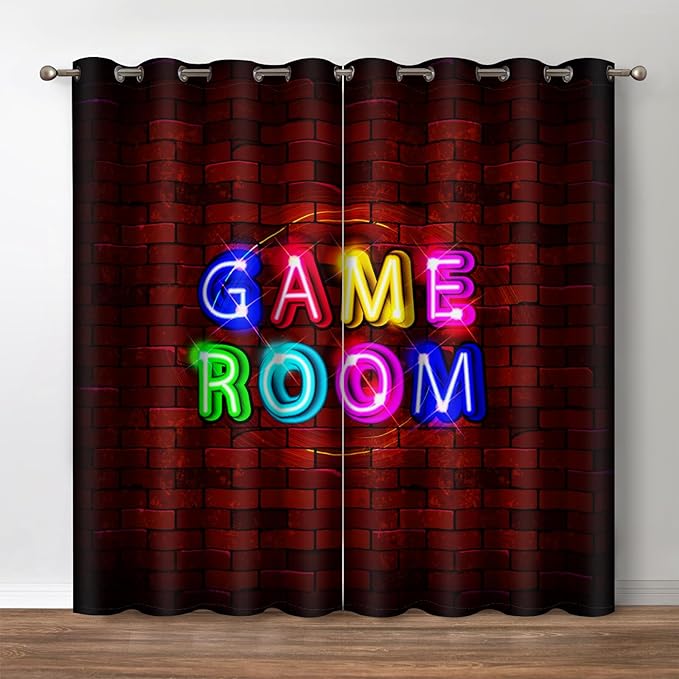 Jekeno Game Room Blackout Curtains - Video Gaming Theme Red Brick Wall Pattern Print Decor Playroom Home Apartment Bedroom Living Room Darkening Grommet Window Drapes 2 Panels Set,52x84 Inch