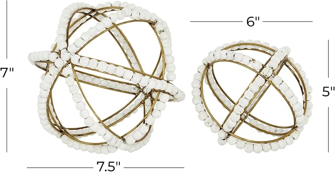Deco 79 Metal Geometric Handmade Decorative Sculpture Beaded Home Decor Statues, Set of 2 Accent Figurines 7", 5"H, White