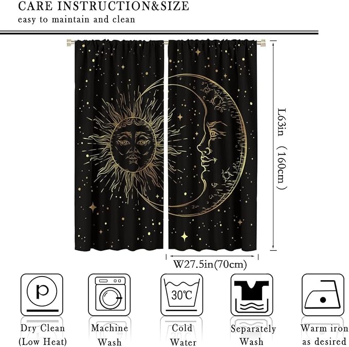 Gold Sun and Moon Blackout Windows Curtains, Fantasy Mandala Bohemian Universe Galaxy Printed Curtains, for Living Room Bedroom 55x63in 2 Panels