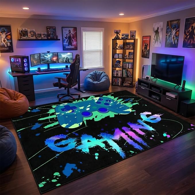 Game Controller Area Rug for Boys Large Video Gaming Carpet Children Gamer Rugs for Bedroom Boys Teen Printed Gamepad Play Carpet Decor Throw Decorate Doormats 4'x5'
