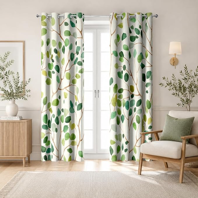 Boho Green Leaf Floral Blackout Curtains, Watercolor Bohemian Flower Print Window Drapes, Living Room Bedroom Decor 2 Panels 52x84 Inch