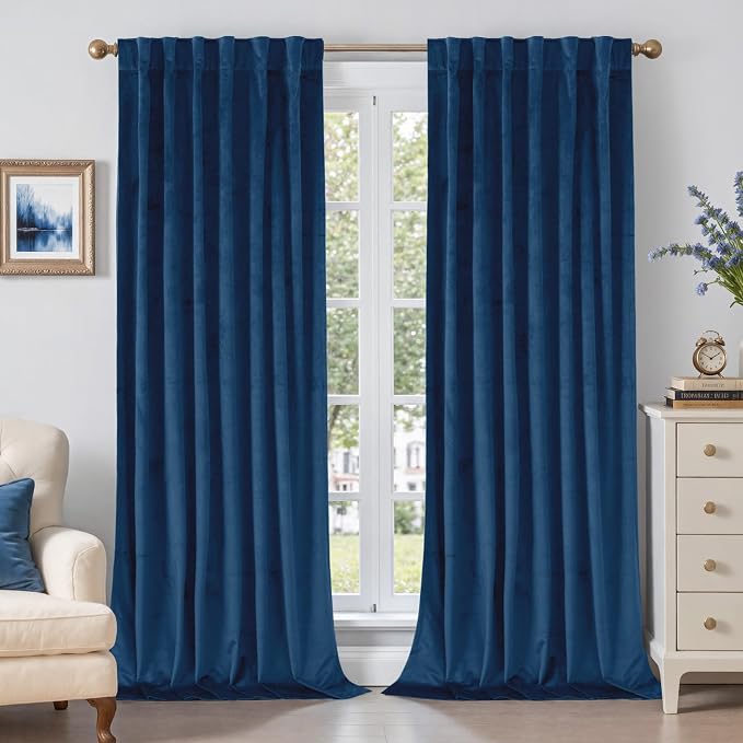 BGment Blue Velvet Curtains 90 Inches for Living Room, Thermal Insulated Blackout Curtains Room Darkening Drapes with Back Tab and Rod Pocket for Bedroom, Set of 2 Panels, 52 x 90 Inch