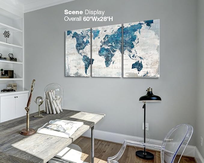 Canvas Wall Art Blue World Maps for Wall Office Living Room Artwork | Framed Large Pictures for Bedroom Conference Room Neutral Painting Modern Home Decorations 3 Piece