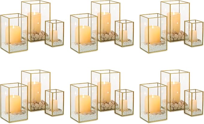 NUPTIO Candle Lantern for Wedding Centerpiece: 18 Pcs Clear Hurricane Glass Pillar Candles Holder with Gold Frame Bulk Decorative Candle Lanterns for Christmas Dining Table Decor 8.1 & 6.5 & 4.7 inch | Clear Hurricane Pillar Candles Holder with Gold Fr...