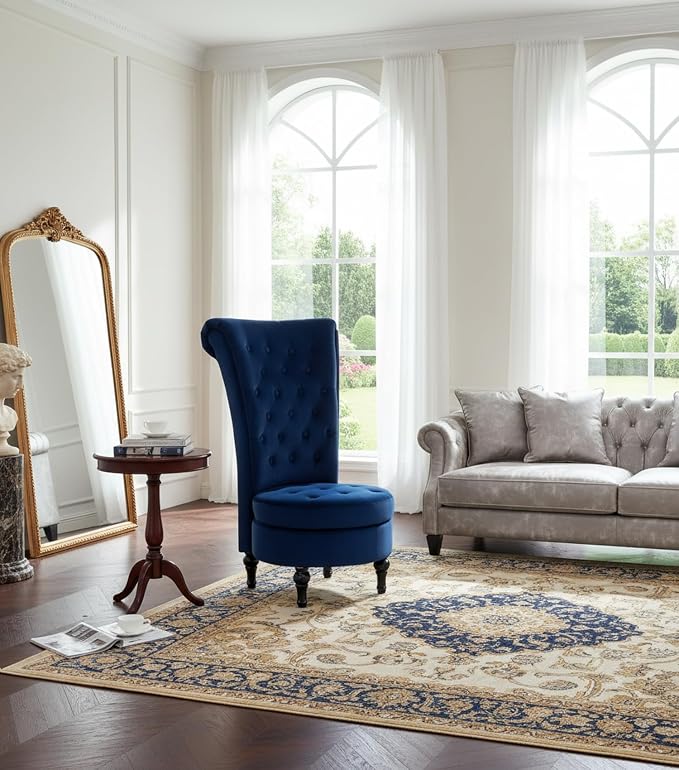 Container Furniture Direct Royal High-Back Velvet Accent Chair for Vanity with Storage and Luxurious Upholstery, Retro Design and Versatile Usage for Living Room, Bedroom, Lounge and Office, Dark Blue