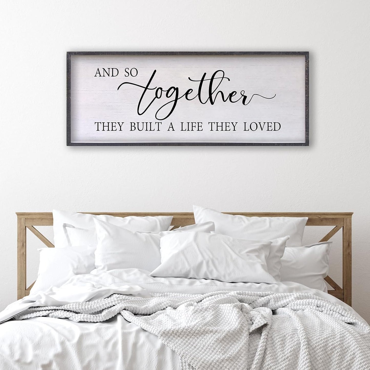 And So Together They Built A Life They Loved Sign Above Bed Wall Decor 24×10 Inch Master Bedroom Over Bed Wood Framed Wall Art (Black)