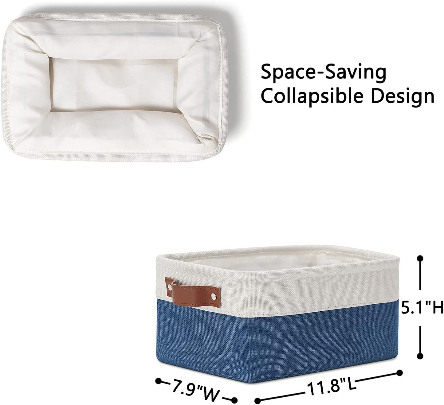 DULLEMELO Set of 6 Small Baskets for Organizing, Small Fabric Storage Bins for Toys Storage, Collapsible Storage Bins with Leather Handles for Shelves, Closets, Laundry, Nursery(White&Blue)