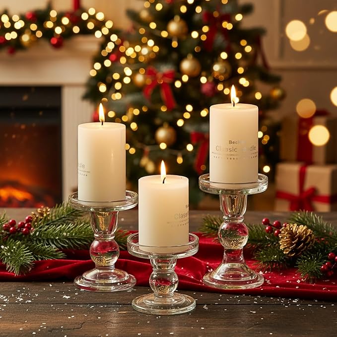 3 Pcs Clear Candle Holder, Glass Pillar Candle Holder Set for Taper Candlestick Pillar(Clear)