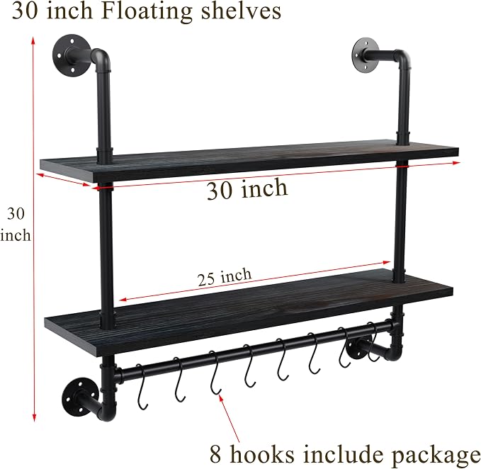ROGMARS Industrial Pipe Shelving Pine Wood Floating Shelves for Wall | 30 inch Kitchen Wall Mounted shelves Bathroom Shelves with Towel Bar Coffee Bar Shelf with Hooks for Living Room Bedroom