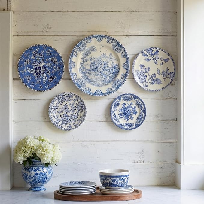 5 Pcs Coastal Vintage Ceramic Wall Plates Set, Blue and White Decoration Hanging Plates with Botanical Patterns, Holland Vintage Gifts for Wall, Home Office Art Ornament(Flowers)