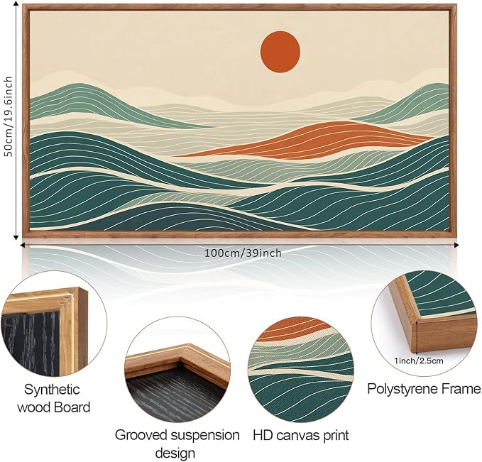 CHDITB Long Coastal Framed Wall Art, Minimalist Coastal Horizontal Wall Decor, Abstract Waves Line Artwork Ocean Sea Painting, Modern Beach Above Bed Art Prints for Nautical Theme Bedroom 40"x20"x1