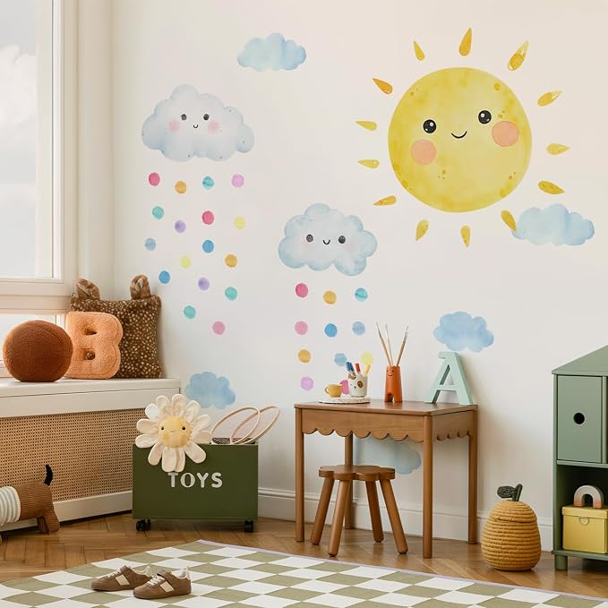 Large Sunshine Nursery Decor, Smile Sun and Cloudy Drops Wall Decal for Playroom, Classroom and Party, Watercolor Sprinkle Sky
