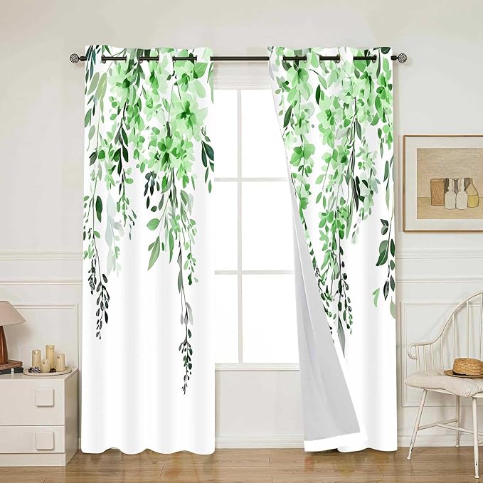 Green Watercolor Floral Curtains, Botanical Leaves Vine Flowers Curtain, Rustic Farmhouse Flower Leaf Blackout Window Treatment Drapes for Bedroom Living Room 52x90 inch, 2 Panels