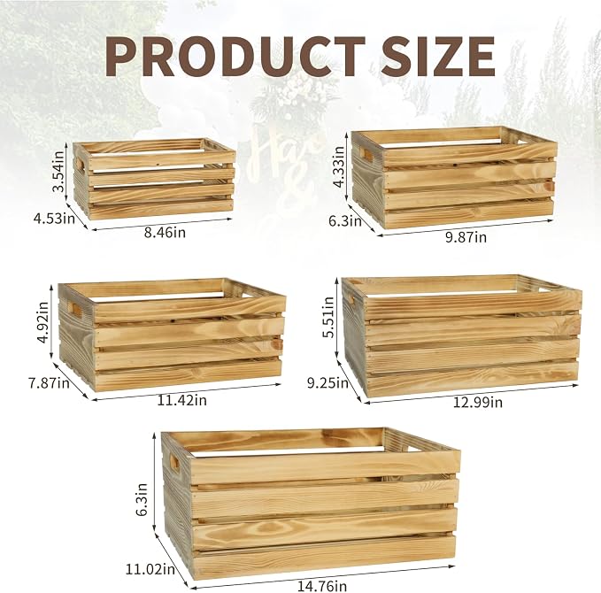 5 Pcs Wooden Crates for Display, Nesting Wood Crate for Storage, 5 Size | Farmhouse Weddings Wooden Basket for Storage Container and Decorations, Rustic Wood Crates for Farmers Market, Birthday, DIY