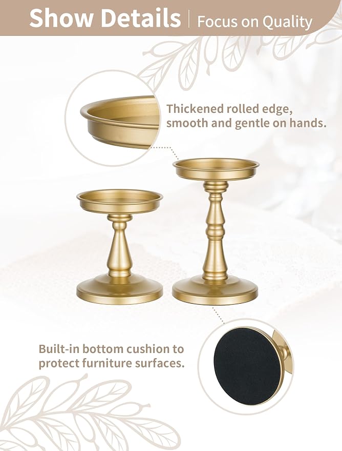 NUPTIO Large Gold Pillar Candle Holders, Set of 2 | Wide Metal Pedestals Fit up to 4-In Dia Pillars and Jars, Vintage Ornate Stands, for Dining Table Centerpieces, Mantel Decor