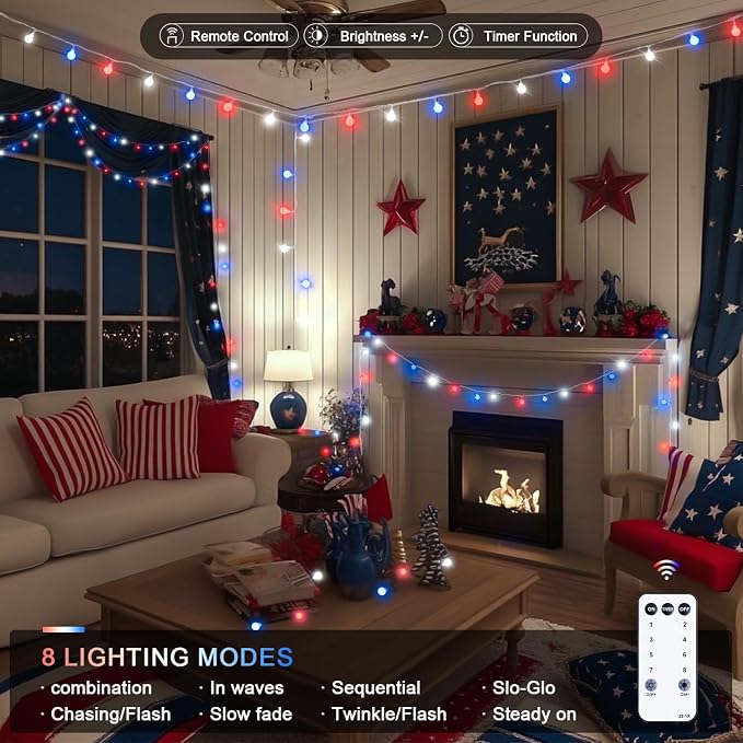 JMEXSUSS Connectable 33ft 100 LED Red White and Blue Lights Indoor Outdoor | 4th of July Decorations Light Plug in, 8 Modes Globe String Lights with Remote for Independence Day Party Patriotic Decor