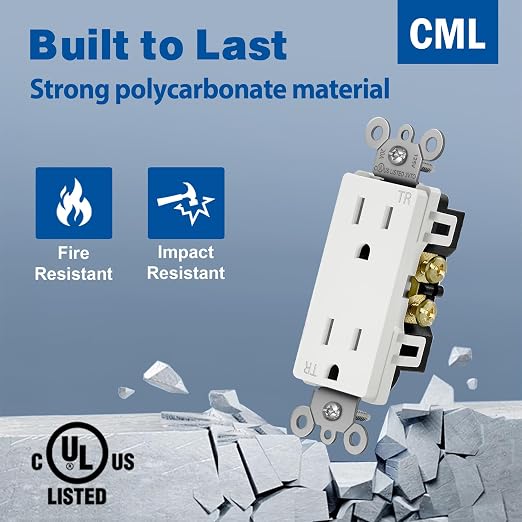 (100 Pack) CML 15 Amp Decor Wall Receptacle Outlet, Child-Safe Tamper Resistant (TR), 15A/125V, Standard Decorator Electrical Outlet, UL Listed, White