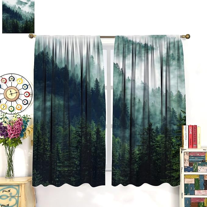 Green Forest Curtains, Watercolor Mountains Nature Forest Plants Trees Flying Birds Blackout Window Treatments, Thermally Insulated Drapes for Kids Boys Girls Living Room Bedroom Nursery 63x63in