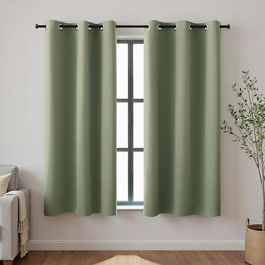 KOUFALL Short Blackout Curtains for Windows Black Out Curtain 54 Inch Long,Cute Boho Dark Sage Green Satin Curtains for Bedroom Bathroom 2 Panels Grommet