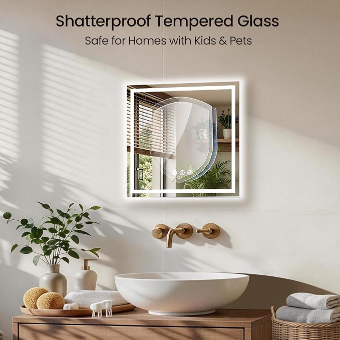 24X24 LED Bathroom Mirror with Lights, Anti-Fog, Backlit + Front Lit (CRI>90), Lighted Bathroom Vanity Mirror for Wall, Memory Function, Dimmable, Tempered Glass, Shatter-Proof
