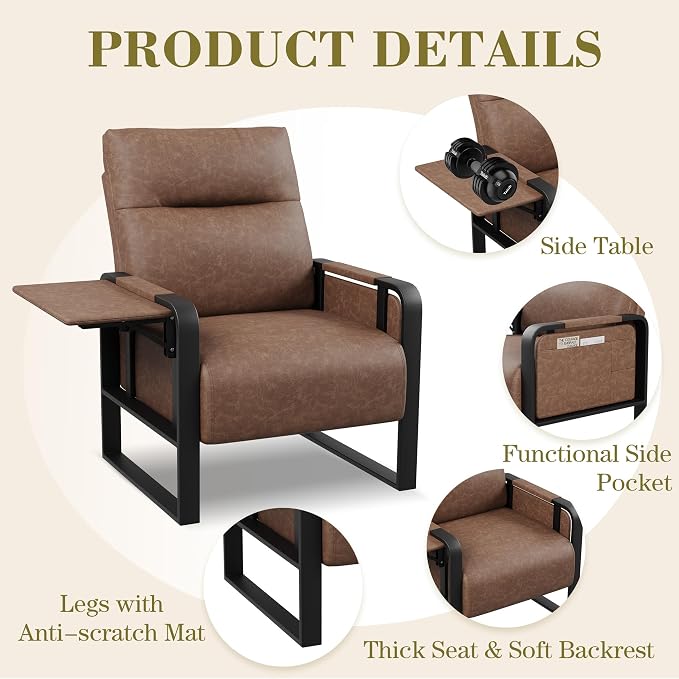 PU Leather Accent Chair with Foldable Table, Modern Upholstered Armchair for Living Room Bedroom Office Side Chairs Dark Brown