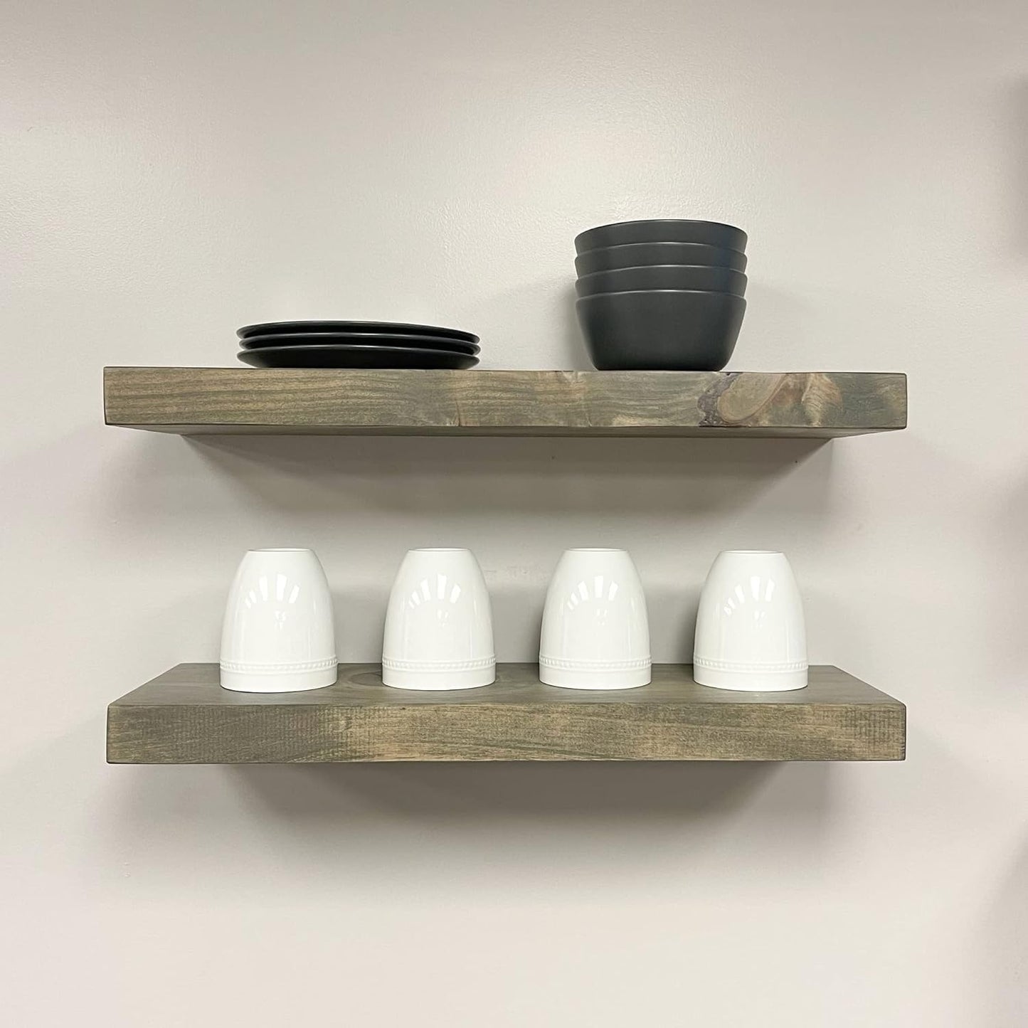 URBANDI, Rustic Floating Shelves, Set of 2, Hidden Bracket, Solid Wood, Heavy Duty, Wall Mounted Shelves, (Grey, 24Wx8D)