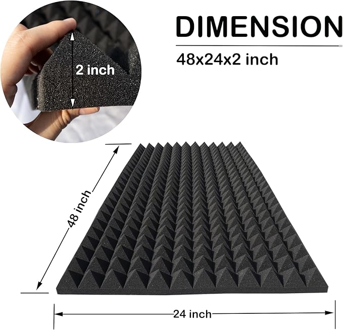 4 Pack Pyramid Sound Proof Foam Panels,48x24x2 Inch Acoustic Foam,High Density Soundproof Wall Panels,Fireproof Cancelling Studio Panel Reducing Noise & Echo (Black)