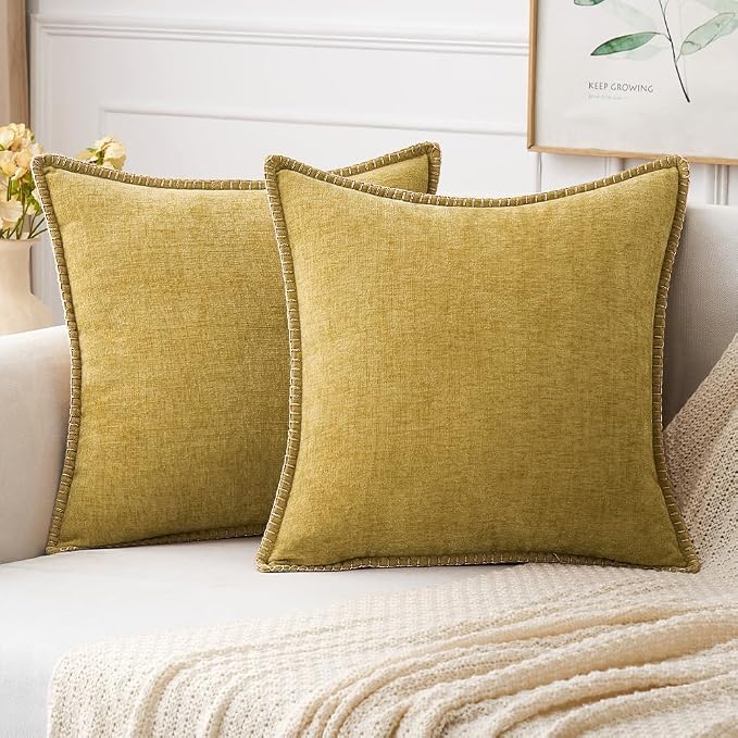 MIULEE Pack of 2 Couch Throw Pillow Covers 18x18 Inch Mustard Yellow Farmhouse Decorative Pillow Covers with Stitched Edge Soft Chenille Solid Dyed Pillow Covers for Sofa Bed Living Room