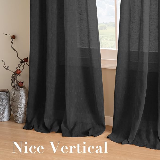 H.VERSAILTEX Linen Curtains Natural Blended Curtain Panels for Living Room/Light Reducing Linen Semi Sheer Curtains 108 inch Length 2 Panels Set Nickel Grommet Window Panels, 52" x 108", Black