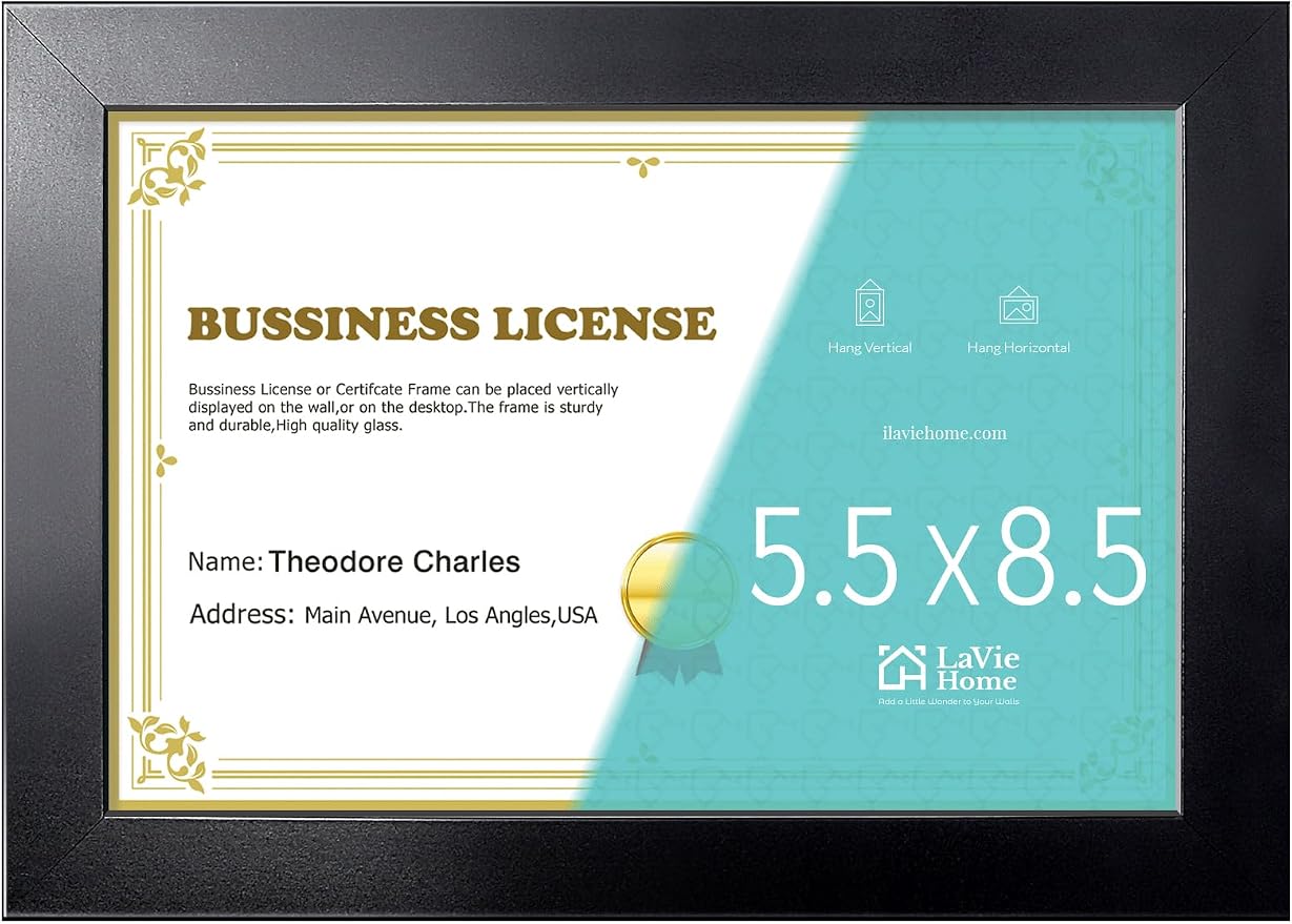LaVie Home 5.5 x 8.5 Picture Frame Black, 8.5 x 5.5 Business License Frame, Certificate Frames Fit Diploma, Document and Tax Certificate Self Standing with Wall Hangers（1 Pack）