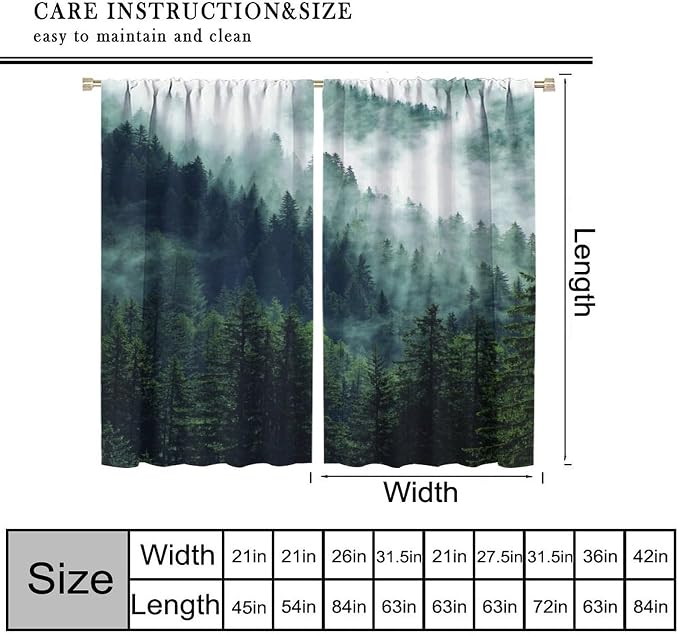 Green Forest Curtains, Watercolor Mountains Nature Forest Plants Trees Flying Birds Window Treatments Drapes for Kids Boys Girls Living Room Bedroom Nursery 42x45in（No Blackout）