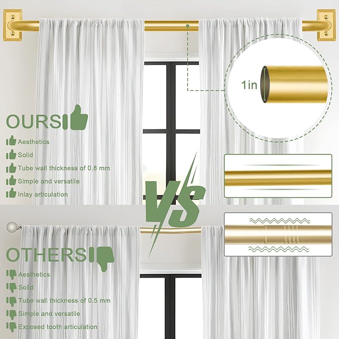 TVWOO Gold Wrap Around Curtain Rods 2 Pack:Blackout Adjustable Window Curtain Rod,Room Darkening Heavy Duty Curved French Metal Single Drapery Rods for Bedroom Kitchen Easy Install,Brass Gold 28-48"