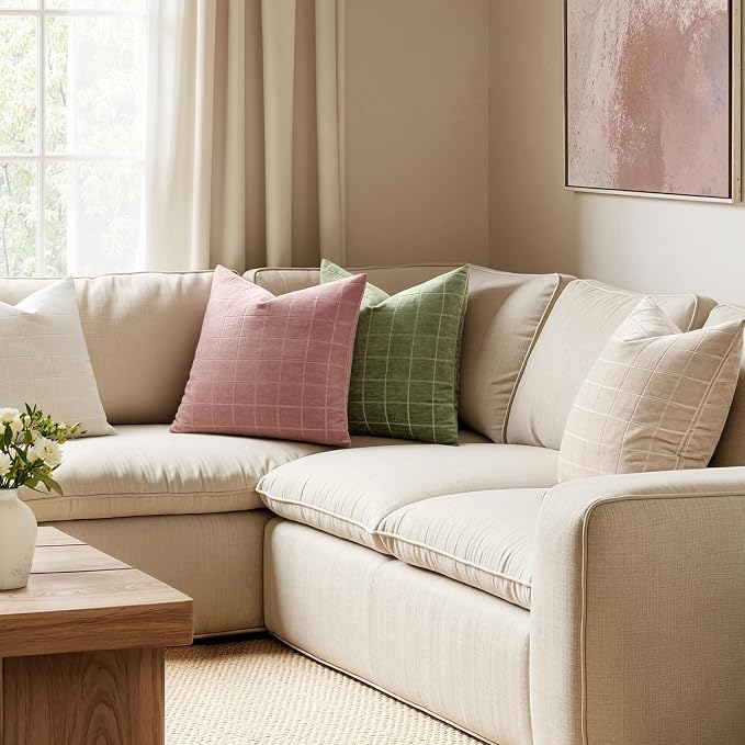 MIULEE Blush Pink Plaid Decorative Throw Pillow Covers 20x20 Set of 2 | Vintage Check Chenille Couch Pillows Neutral Boho Farmhouse Cushion Covers Modern Home Decor for Sofa Bed Living Room