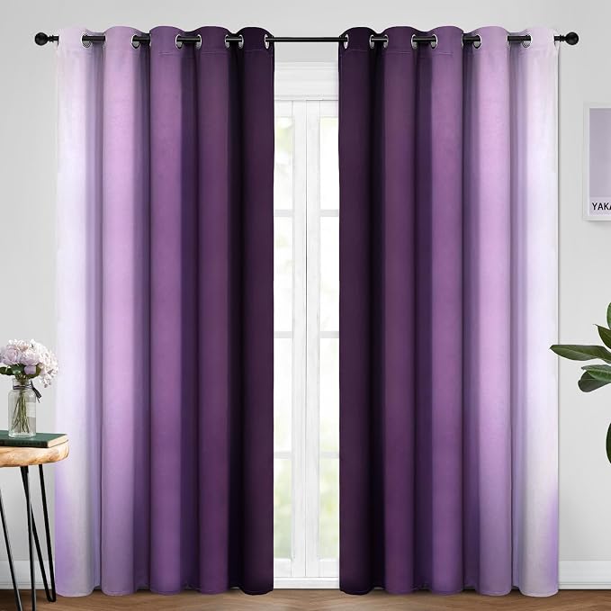 Yakamok Ombre Curtains Purple and Greyish White for Living Room,62Wx84L | Room Darkening Curtains 84,Thermal Insulated Gradient Color Drape,Light Blocking Grommet Window Curtains for Bedroom,2 Panels