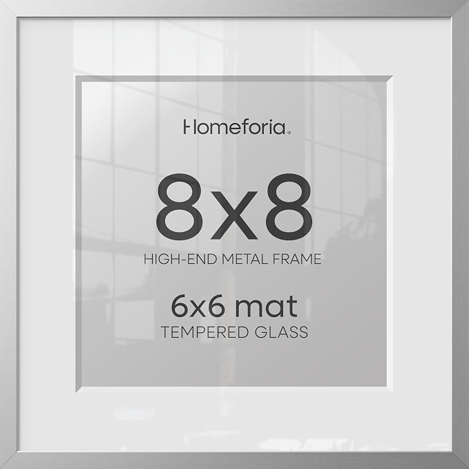 Homeforia 8x8 Silver Picture Frame, High End Metal 8 x 8 Square Frames with Mat 6 by 6 Photo, 8x8 Brass Frame Matted to 6x6 inch Print, 8by8 Wall or Tabletop Frames, Tempered Glass, Wall Kit, Set of 1