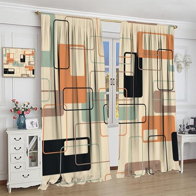 JESTRONRY Mid Century Blackout Curtains,Retro Square Design Modern Style Blackout Window Door Curtains for Bedroom Living Room Home Decor 63x72in
