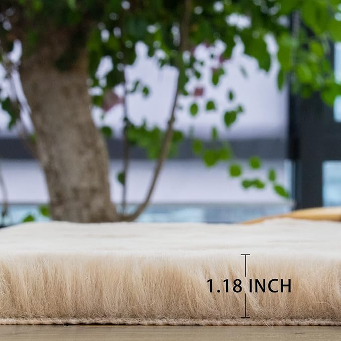 ORINOVA Light Brown Beige Fluffy Faux Fur Rugs for Bedroom Washable Furry Rug for Living Room Indoor Sheepskin Area Rugs 4x6 Nursery Rug