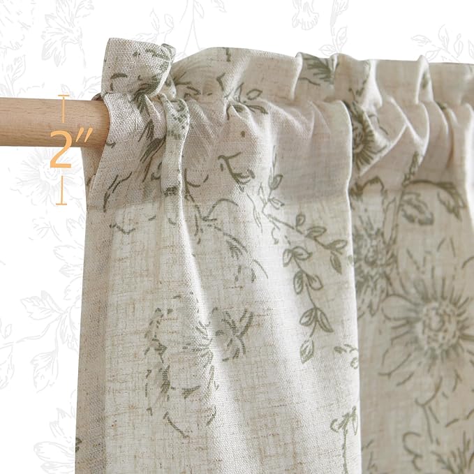 jinchan Floral Linen Tier Curtains Floral Sage on Beige Cafe Curtains 24 Inch Length Kitchen Living Room Bedroom Bathroom Farmhouse Rustic Country Rod Pocket 2 Panels