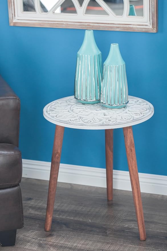 Deco 79 Wood Floral Handmade Side End Accent Table Intricately Carved End Table with 3 Slender Legs, Side Table 19" x 19" x 21", White