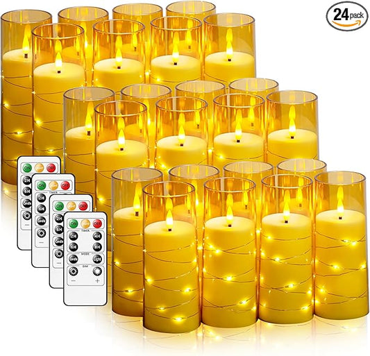 kakoya Flameless LED Candles with Timer 24 Pc Flickering Flameless Candles for Romantic Ambiance and Home Decoration Stable Acrylic Shell,with Embedded Star String，Battery Operated Candles(Gold)