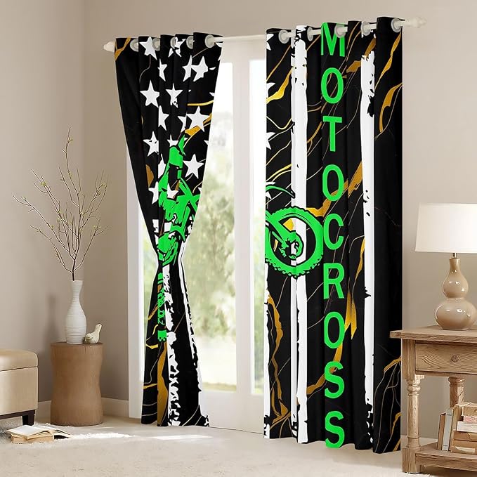 Dirt Bike Blackout Curtains For Boys, American Flag Window Curtains, Motocross Rider Motorbike Sport Curtains For Kids Teens Adult Men, United States Stripe Flag Curtains & Drapes 2 Panels,42"Wx90"L