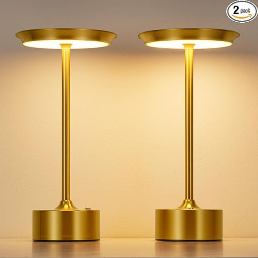 PUSU Rechargeable Table Lamps Set of 2, Gold Cordless LED 4000mAh Battery Desk Lamp, Stepless Dimming & 3 Color 2700K-6000K, Portable Lamp for Bedroom, Living Room, Restaurant, Outdoor, Night Light
