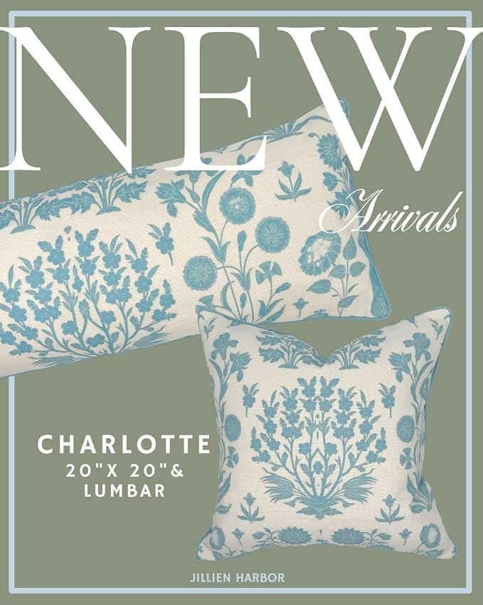 Jillien Harbor “The Charlotte” Bright Sky Blue Floral Block Print Pillow Cover – Off-White Decorative Throw Pillow Cover – Grandmillennial Home Decor, 20" x 20"